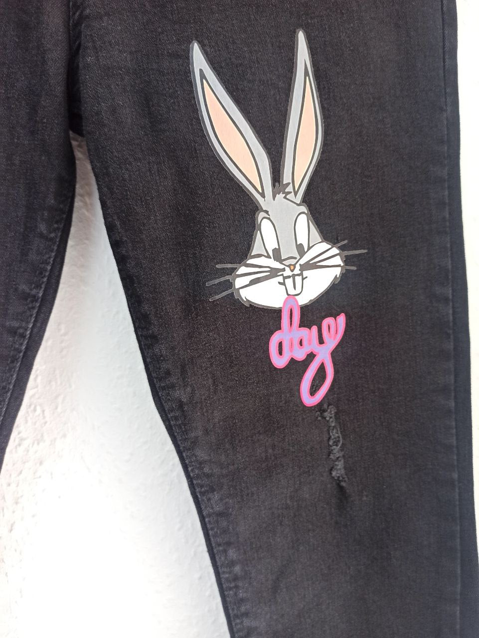 Happy Pinky Black Distressed Jeans with Bugs Bunny & Purple Graffiti Art (S)