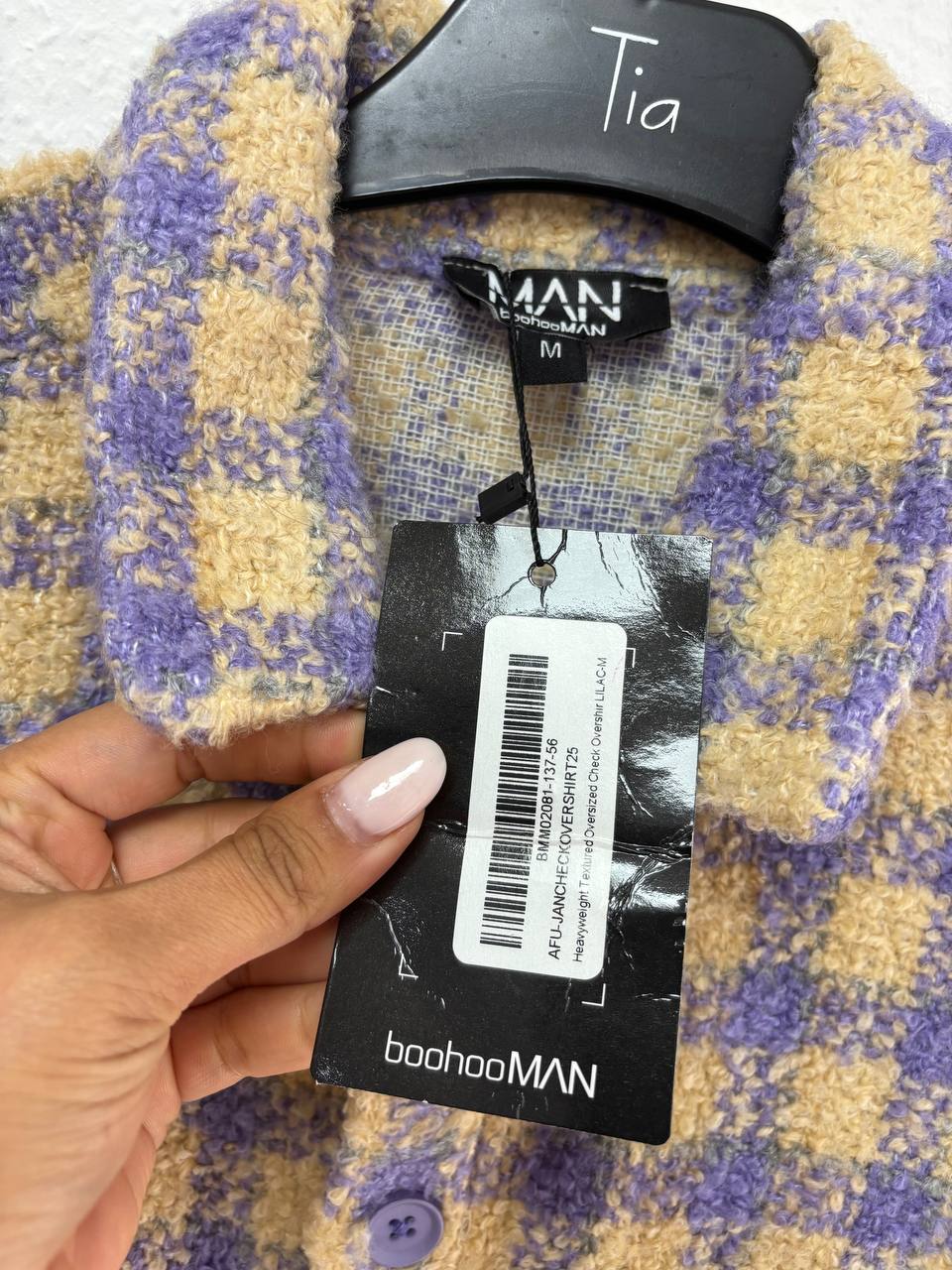 BoohooMAN Men's Lilac & Beige Textured Check Coat (M)