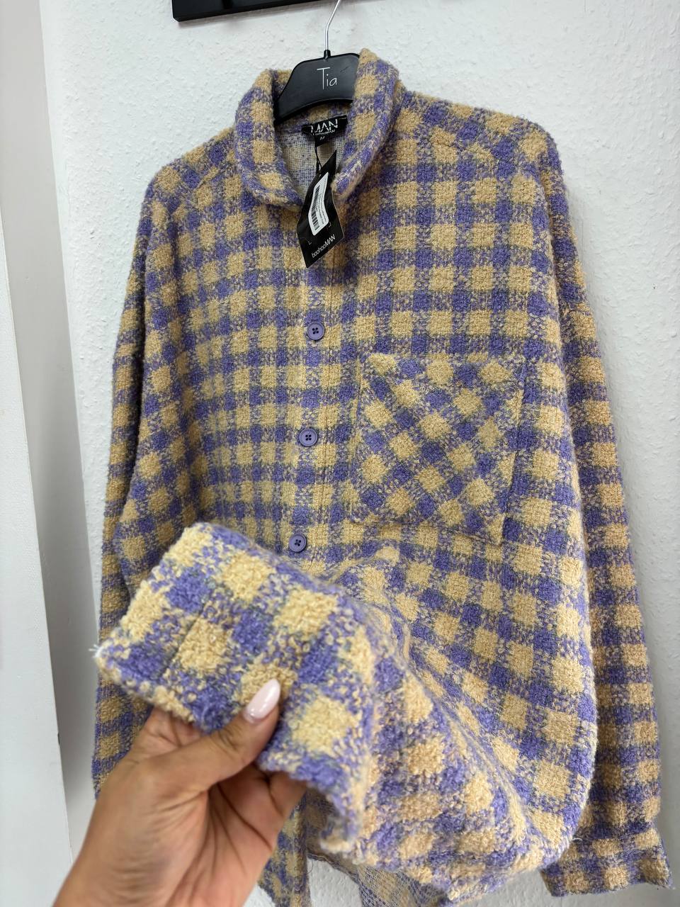 BoohooMAN Men's Lilac & Beige Textured Check Coat (M)