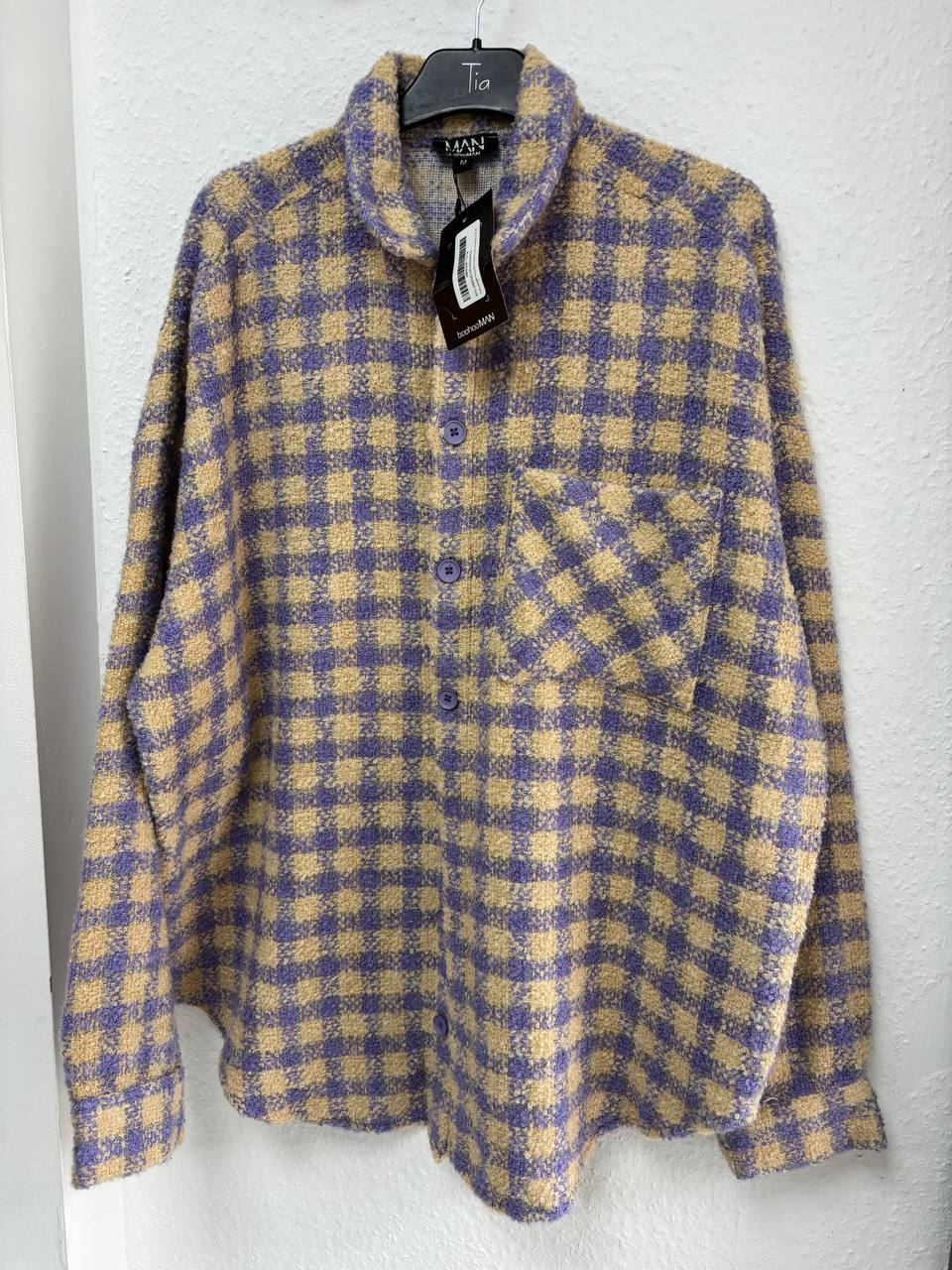 BoohooMAN Men's Lilac & Beige Textured Check Coat (M)
