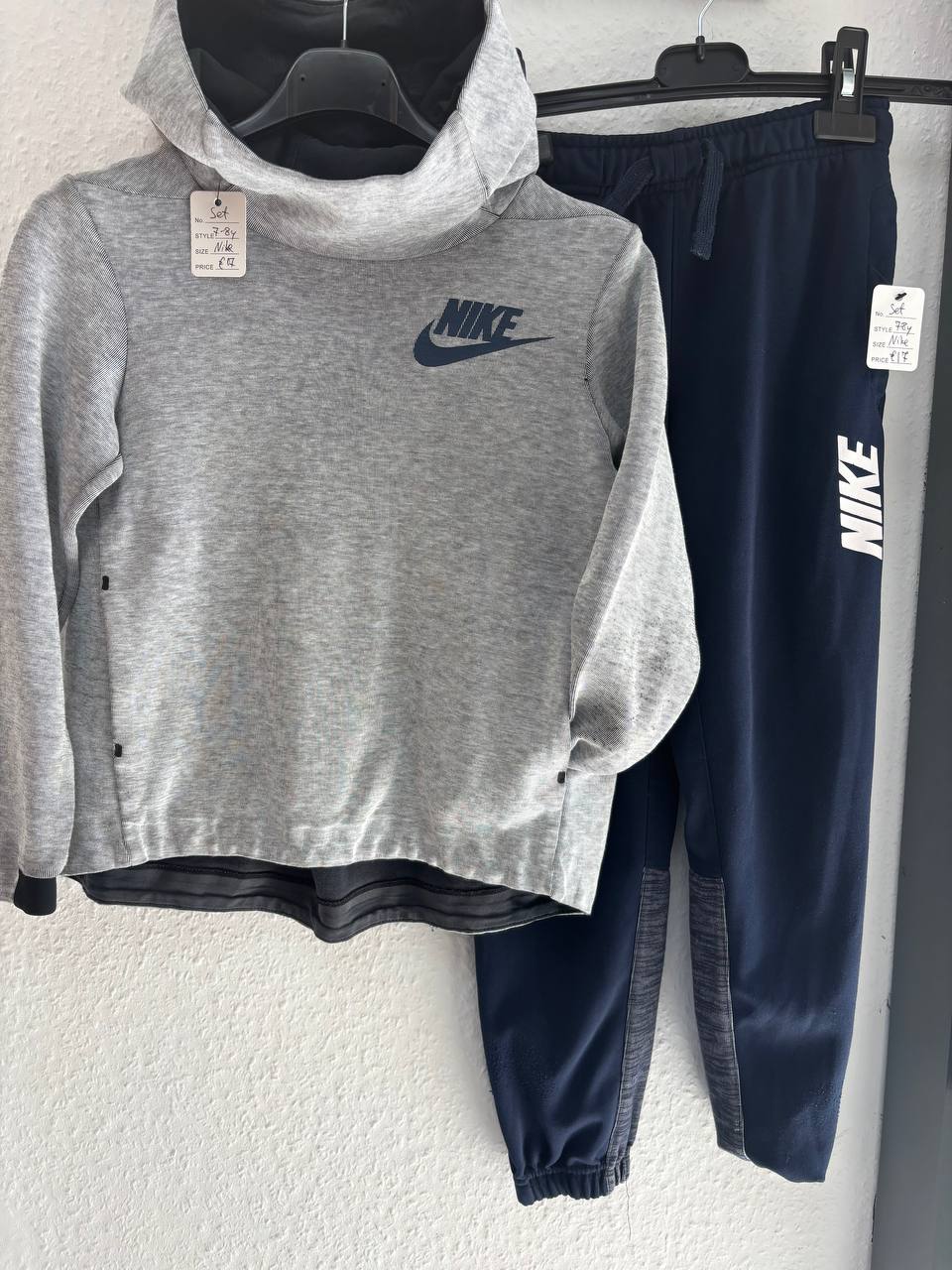 Nike Kids' Grey Pullover Hoodie & Navy Blue Joggers Tracksuit Set (7 - 8 Years)