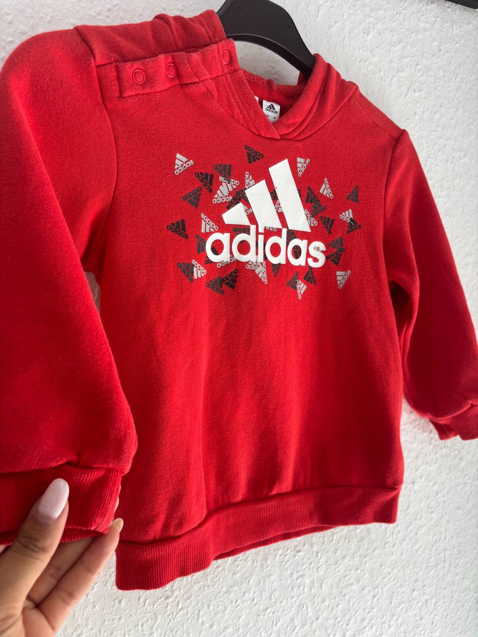 Adidas Red Logo Print Pullover Hoodie with Shoulder Snaps (2 - 5 Years)