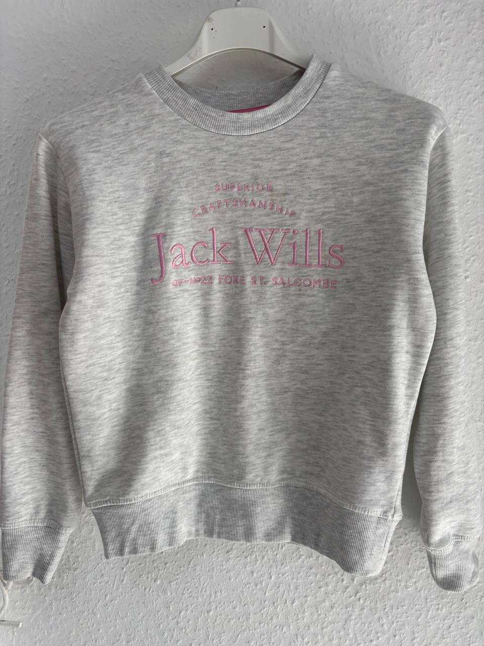 Jack Wills Women's Heather Grey Crew Neck Sweatshirt with Pink Embroidered Logo (5 - 7 Years)