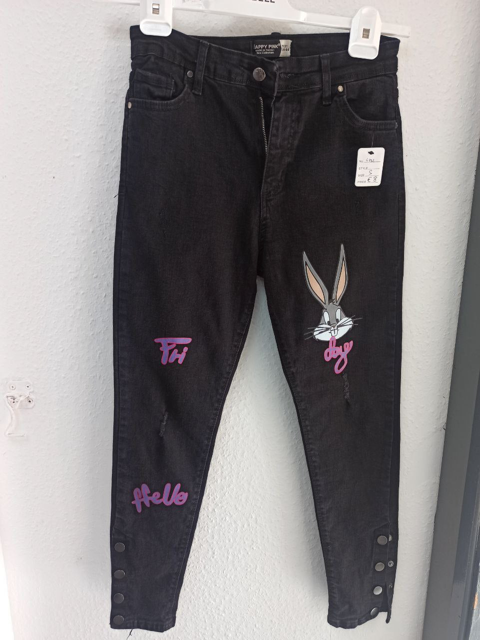 Happy Pinky Black Distressed Jeans with Bugs Bunny & Purple Graffiti Art  (S)