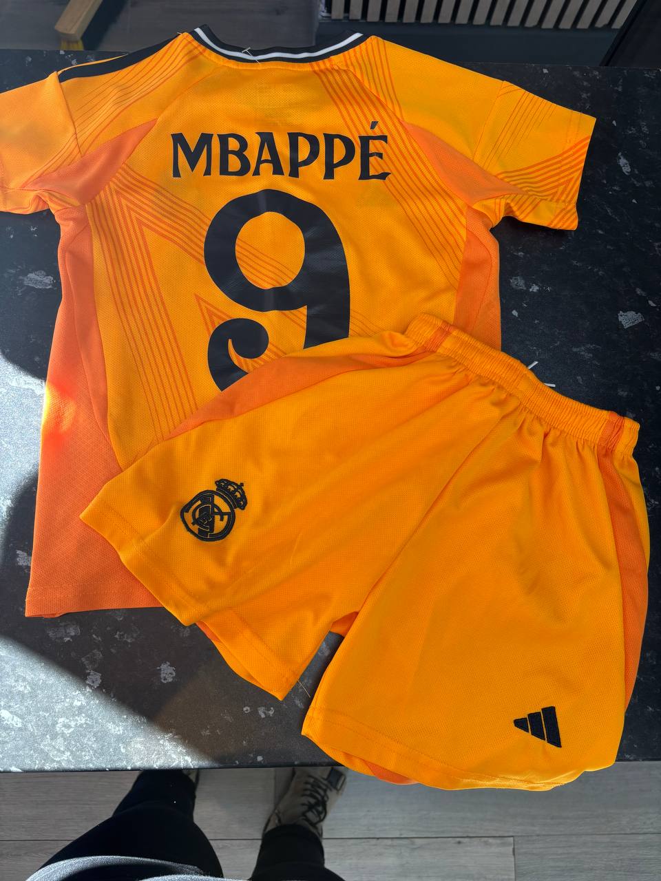 Real Madrid Away Kit Mbappé #9 Full Fan Set - Neon Orange Jersey & Shorts (5 - 7 Years)
