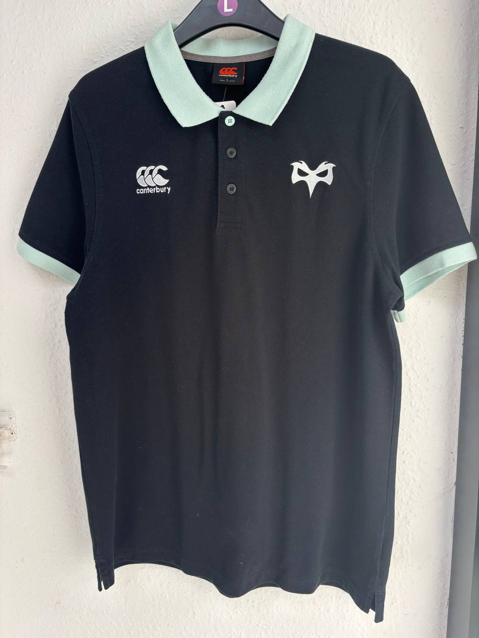 Ospreys Rugby Black Polo Shirt - Canterbury Mint Green Collar Casual Fan Top (L)