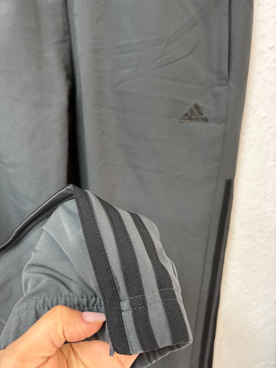 Adidas Dark Grey Woven Track Pants | Classic Black 3-Stripes Warm-Up Bottoms (S)