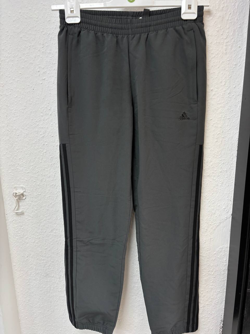 Adidas Dark Grey Woven Track Pants | Classic Black 3-Stripes Warm-Up Bottoms (S)