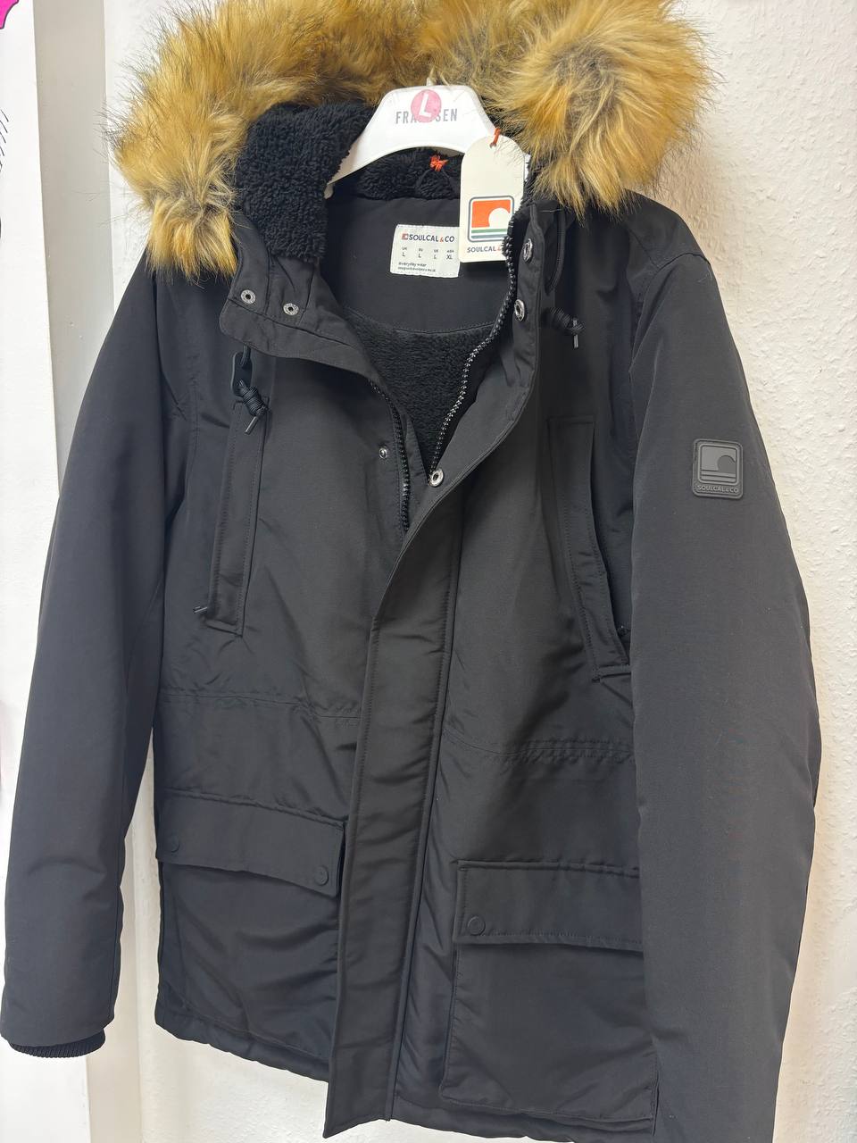 SoulCal & Co. Men's Black Sherpa-Lined Parka Jacket | Faux Fur Hood Winter Coat (L) NEW