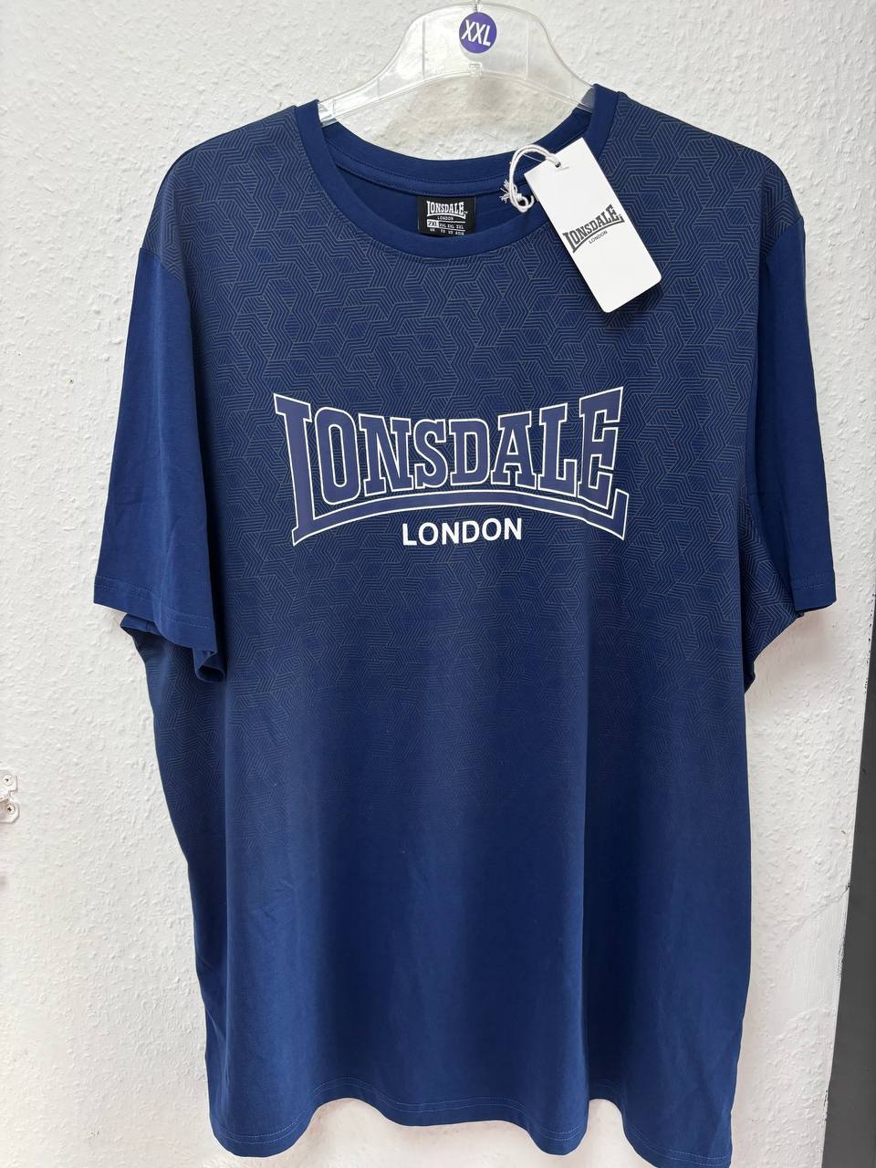 Lonsdale London Navy Blue Geometric Pattern T-Shirt | Men's/Unisex Classic Logo Tee (2XL)