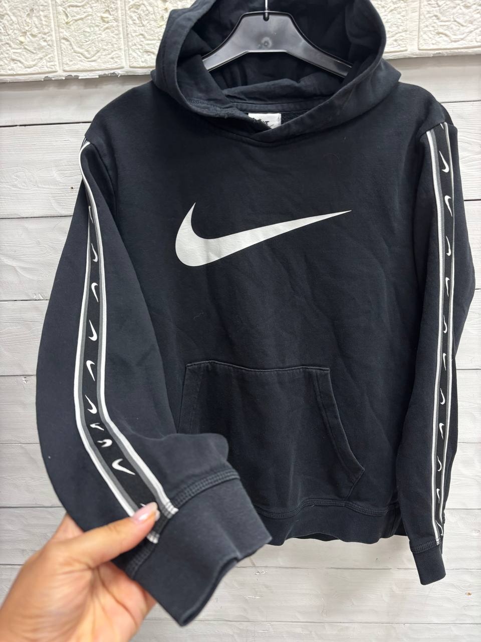 Nike Black Pullover Hoodie with Giant Swoosh & Logo Tape Sleeves (10 - 12 Years)
