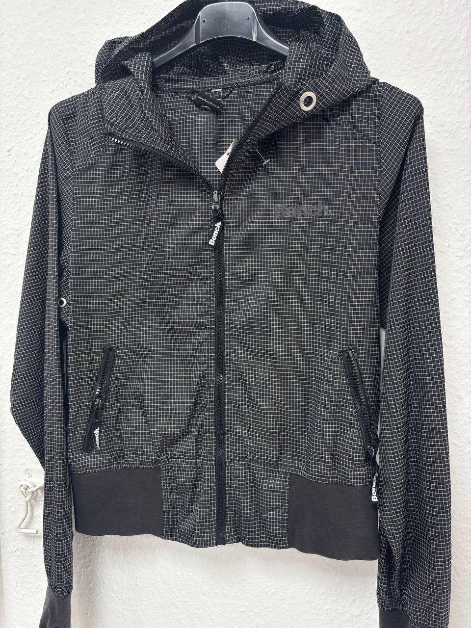 Bench Black Grid Pattern Full-Zip Windbreaker Jacket | Hooded Casual Cropped Style (XS - S )