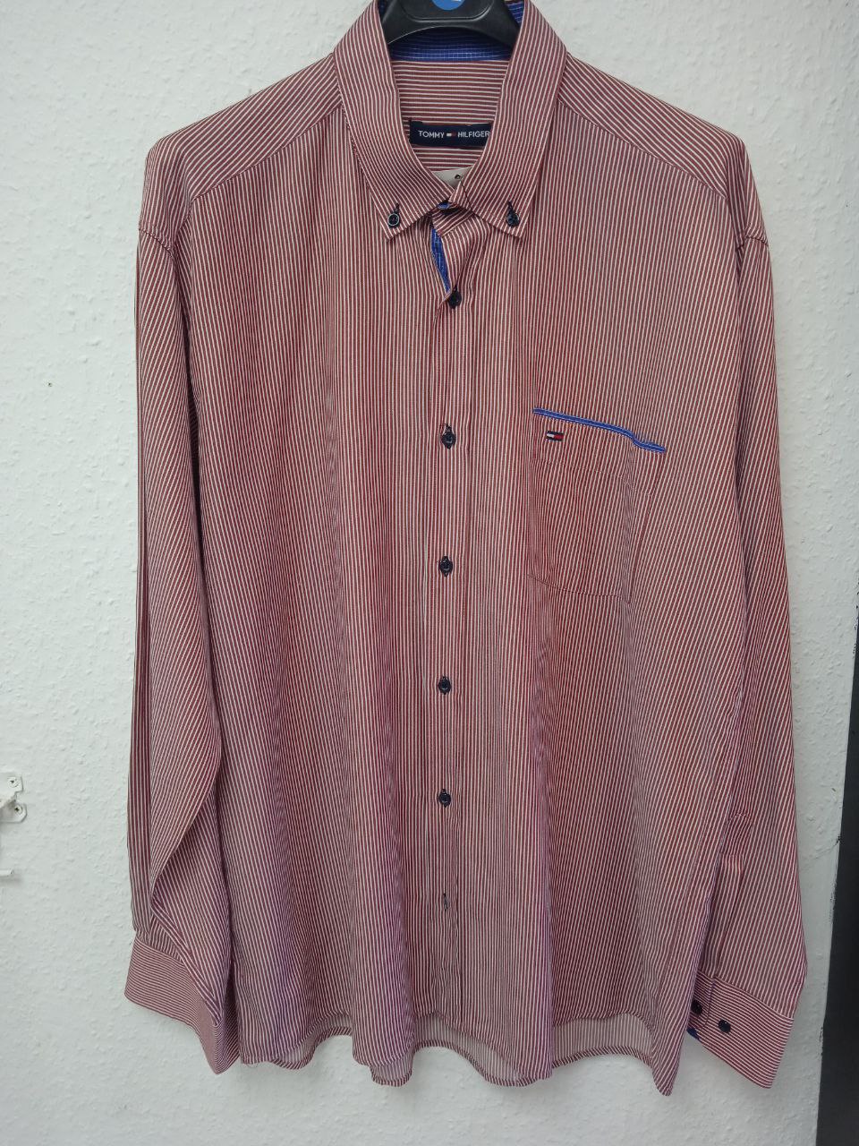 Tommy Hilfiger Custom Fit Pinstripe Button-Down Shirt - Red & White (XL)