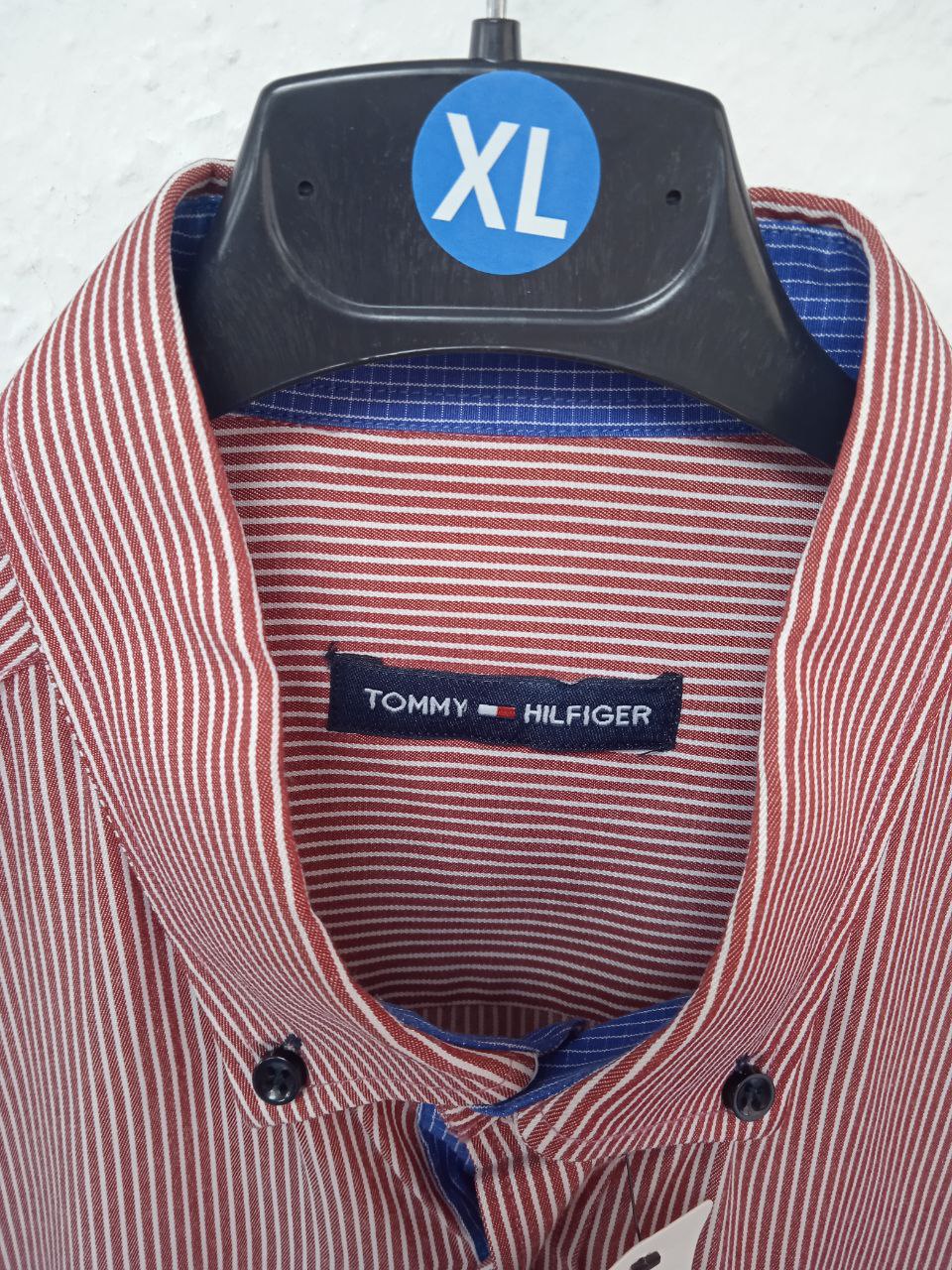 Tommy Hilfiger Custom Fit Pinstripe Button-Down Shirt - Red & White (XL)