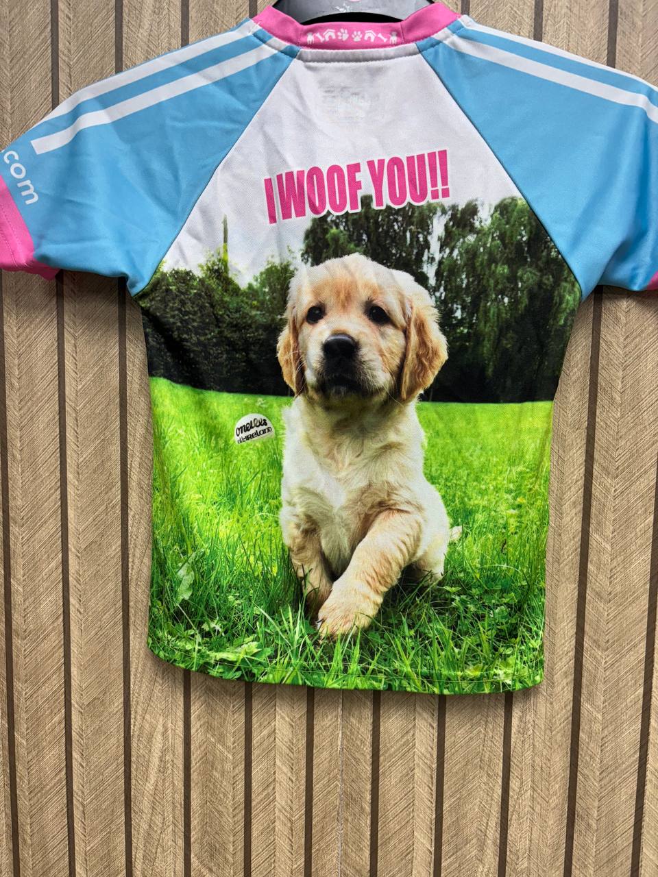 Adorable Golden Retriever Puppy Graphic T-Shirt | "I WOOF YOU!!" Blue & Pink Top (5 - 6 Years)