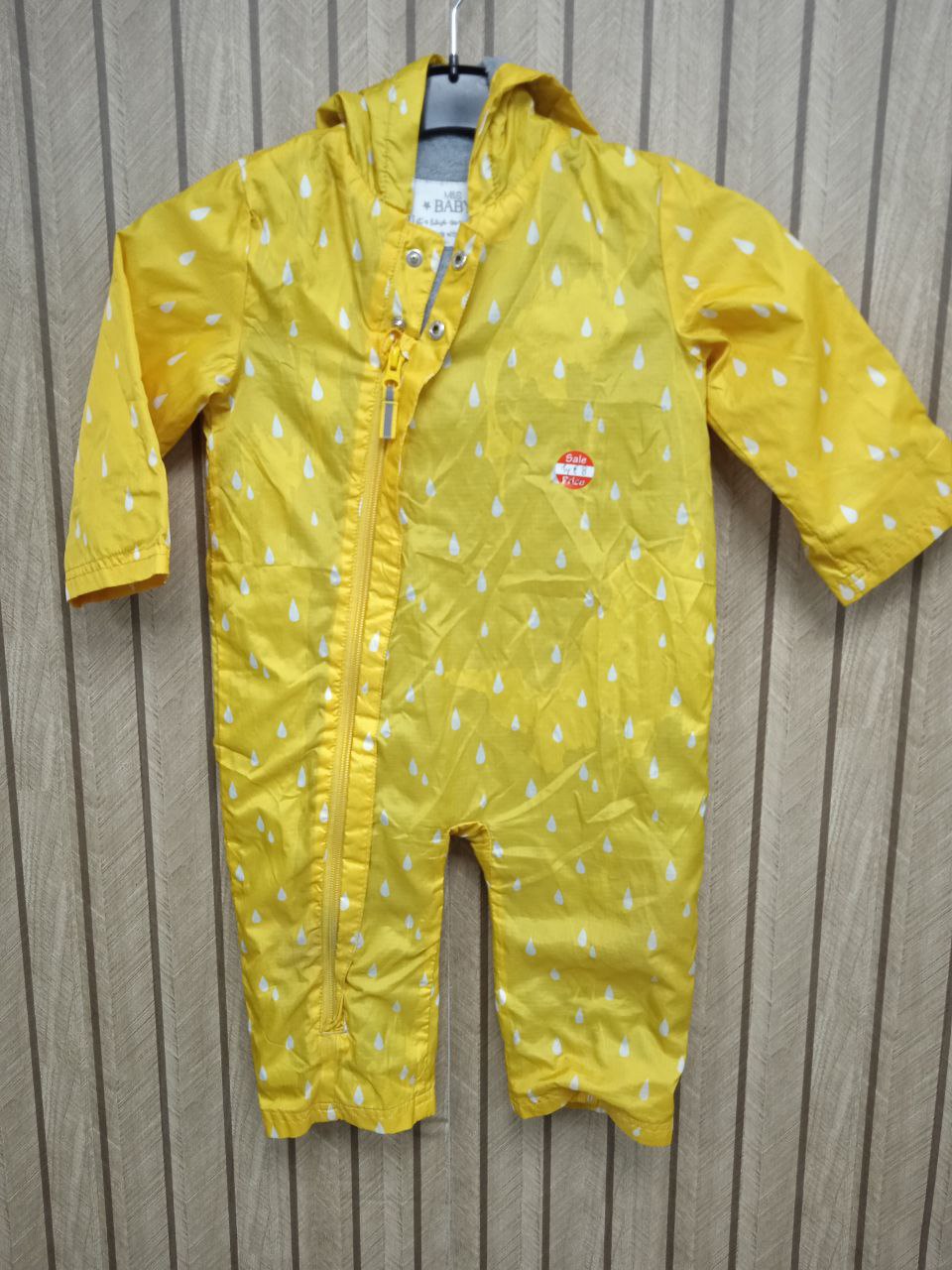 Bright Yellow Baby Rain Suit | Waterproof Raindrop Print Puddle Suit with Hood (1 Year)
