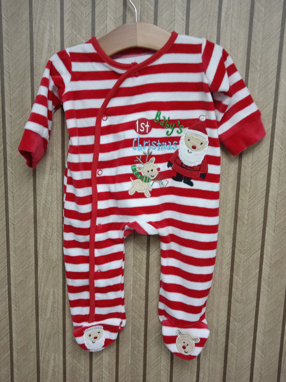 Baby's First Christmas Velour Sleepsuit | Red & White Stripe Santa & Reindeer Romper (0 - 3 Month )
