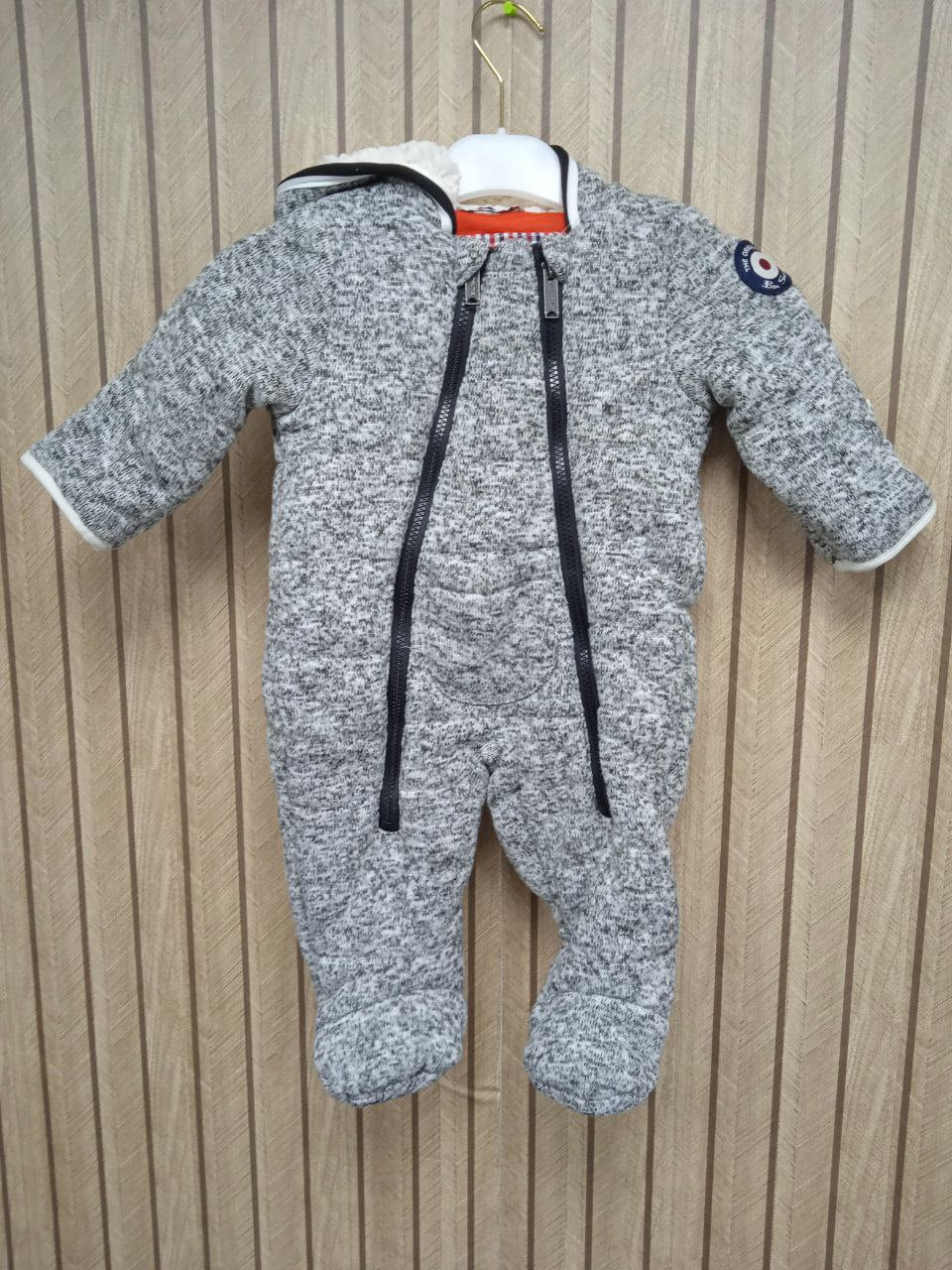Cozy Marled Grey Knit Baby Snowsuit | Fleece Lined Hooded Pram Suit | Double Zip (6 - 9 Month)