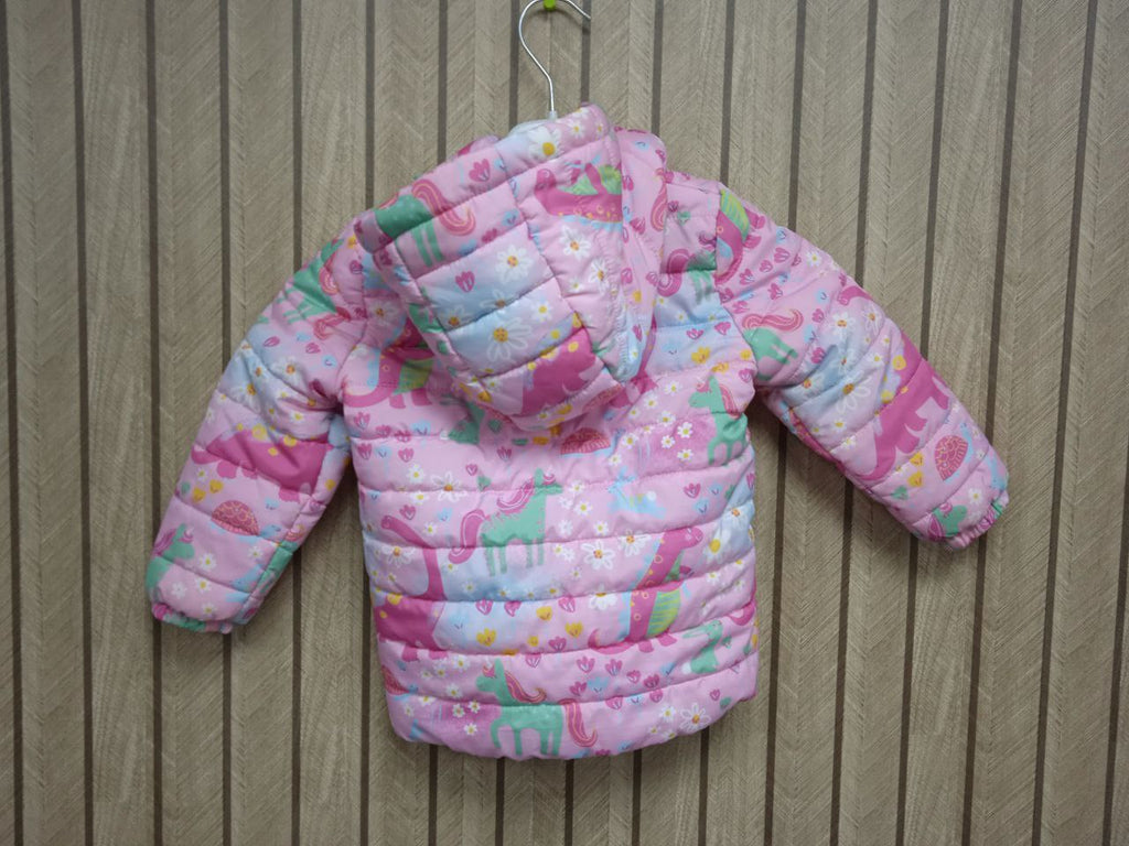 Toddler Pink Puffer Jacket | Bright Unicorn & Dinosaur Print Hooded Coat (1 Year)