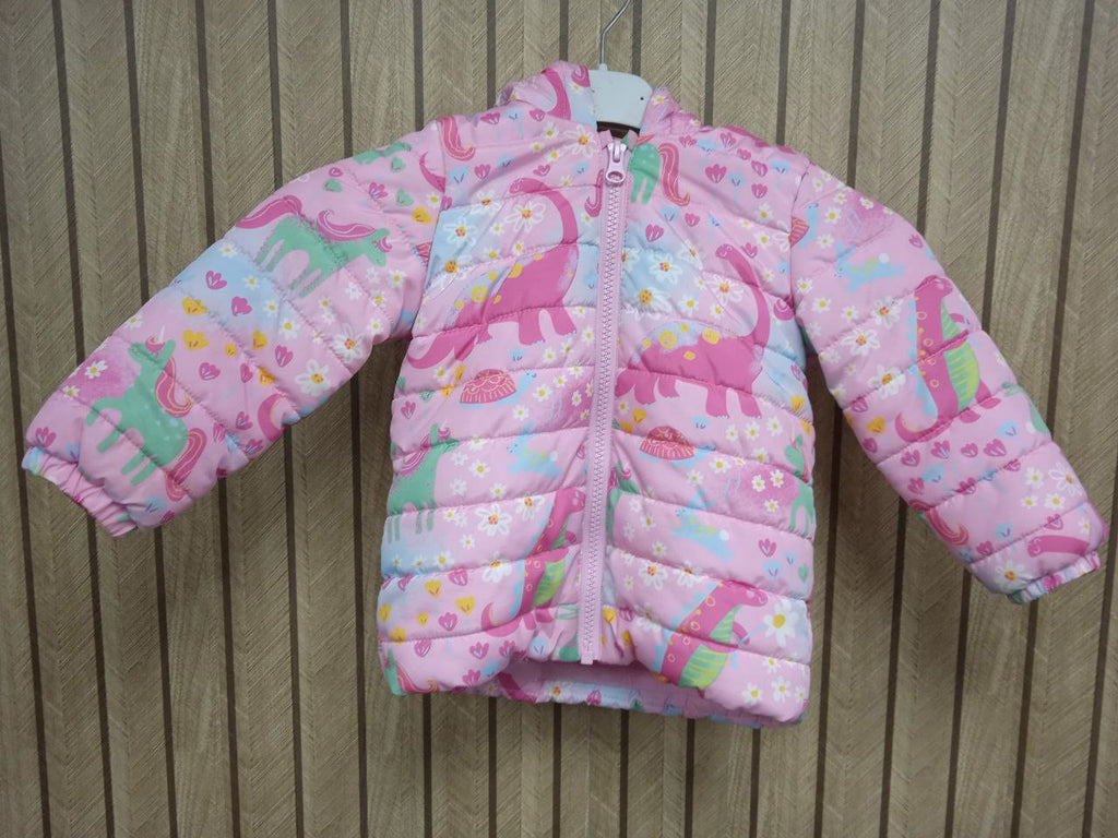 Toddler Pink Puffer Jacket | Bright Unicorn & Dinosaur Print Hooded Coat (1 Year)